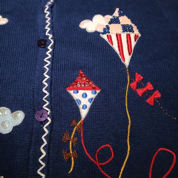 Vintage Patriotic Kite Cardigan Sweater Women’s XL Blue Embroidered Applique - Picture 3 of 9